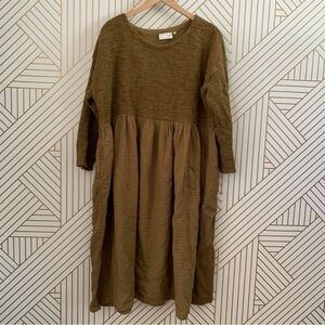 Paper Lace Dress Cotton Lagenlook prairie style Olive Green Midi smocked OS